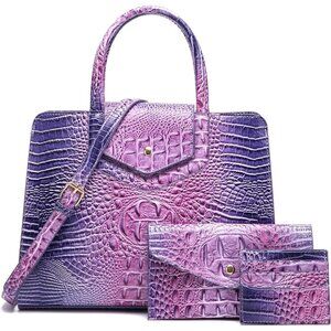 Women's Purple Vegan Leather 3 pcs Set Top Handle Embossed Pattern Satchel Bag